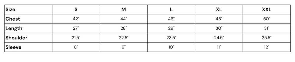 Size chart for clothing with measurements in inches